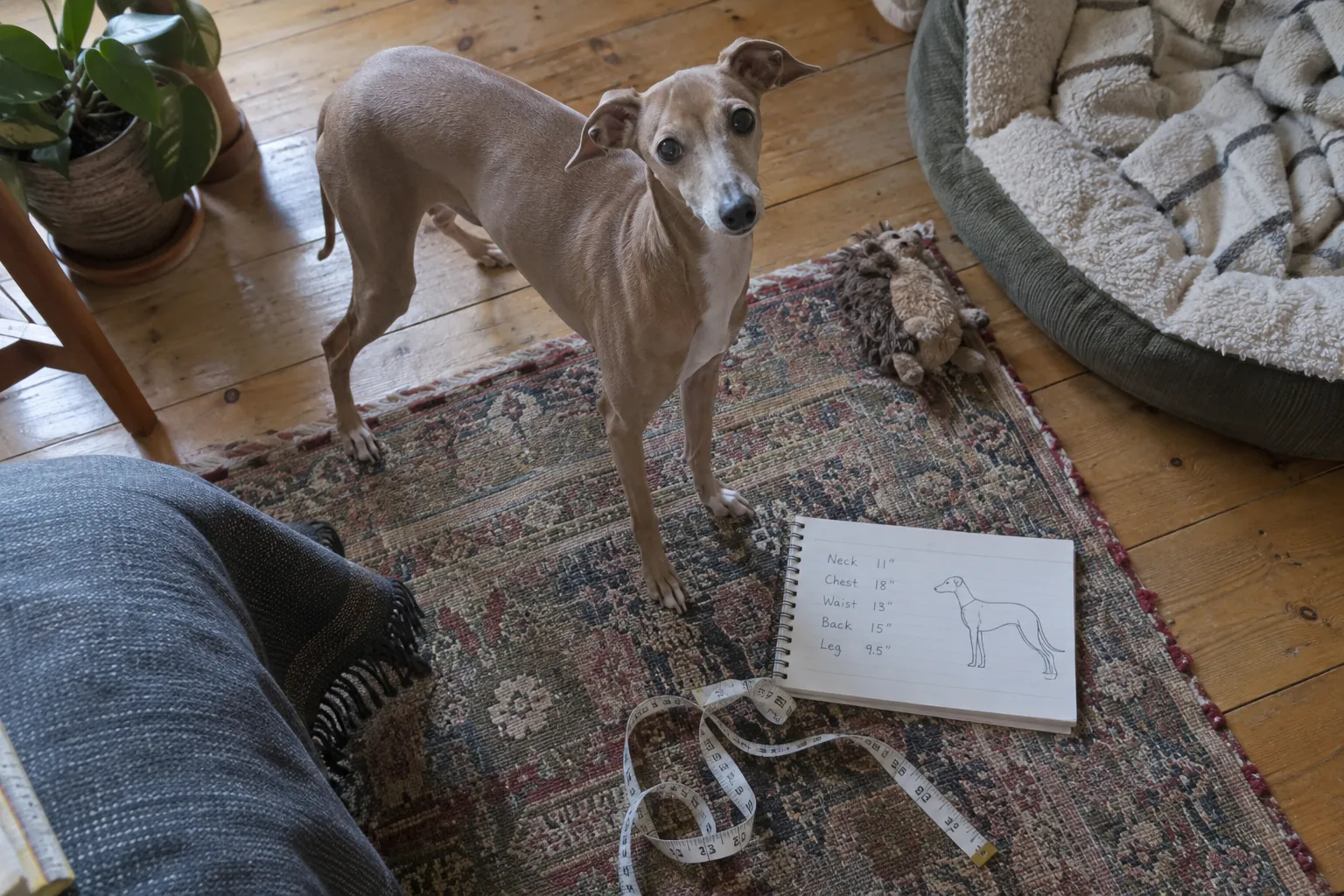 An Italian Greyhound beside a measuring tape and sizing notes