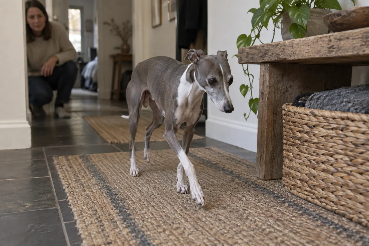 An Italian Greyhound walking along a runner in a hallway at home