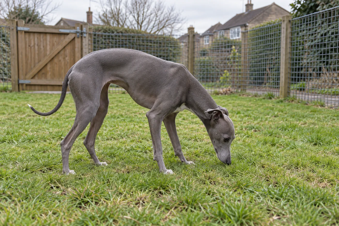 Italian Greyhound sniffing grass in an enclosed area