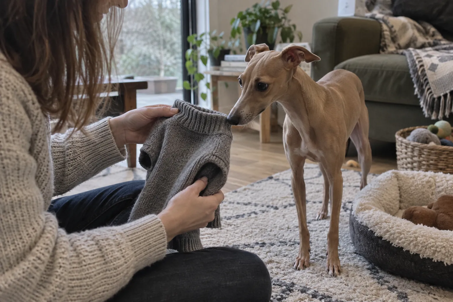 An Italian Greyhound investigating a soft sweater during a fitting at home