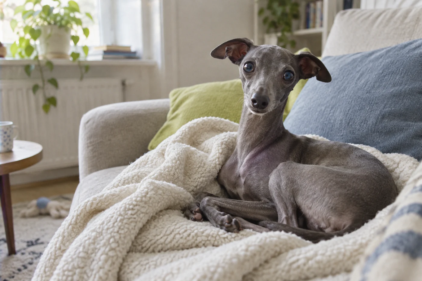 Italian Greyhound resting under a blanket on a sofa