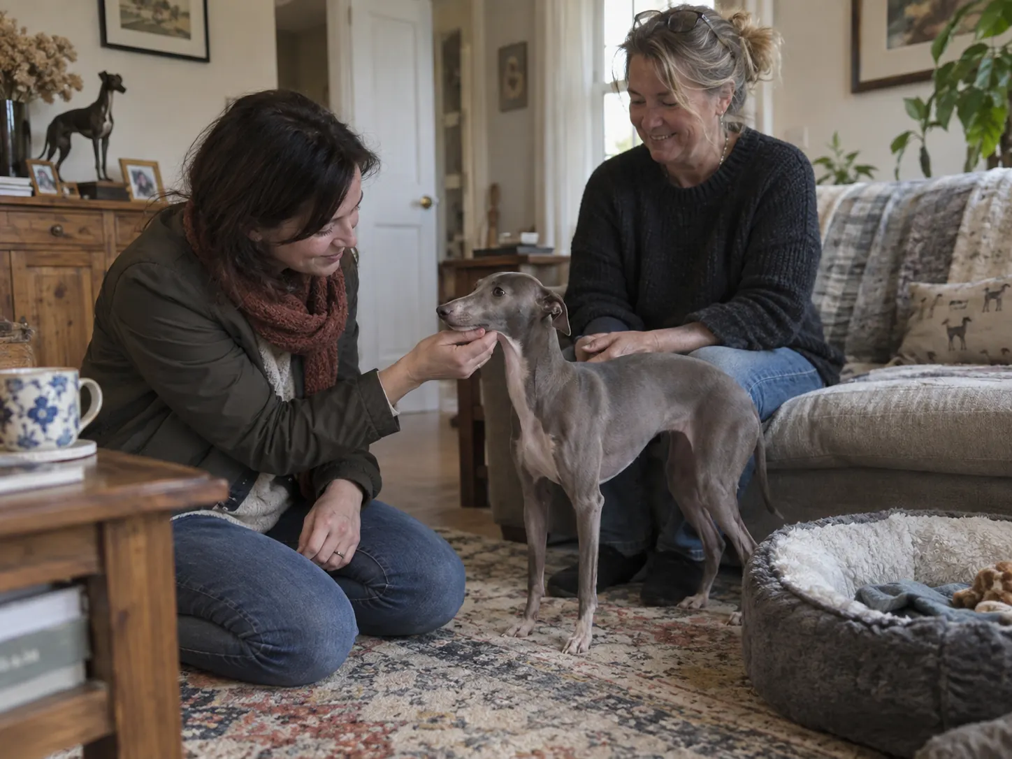 Two women meeting an Italian Greyhound in a living room