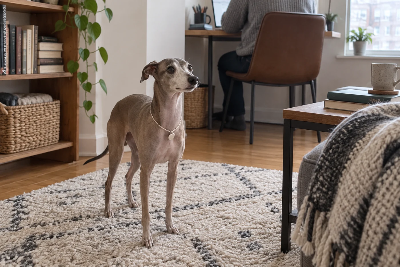 An Italian Greyhound standing on a rug in a room beside a desk