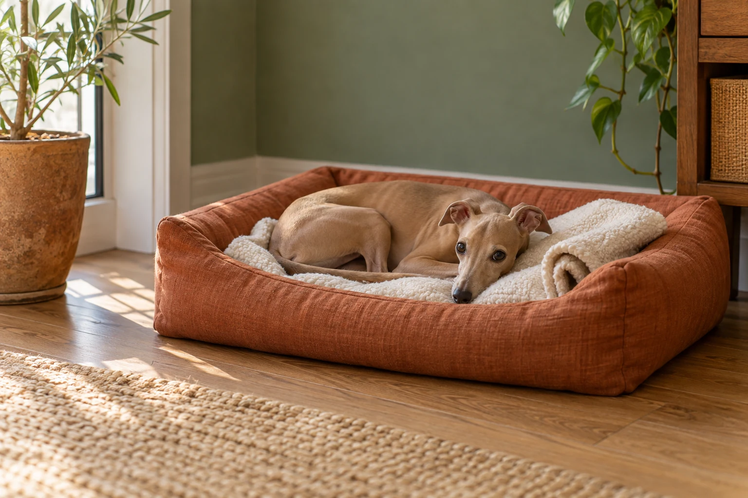 Fawn Italian Greyhound resting in a terracotta bed beside a green wall