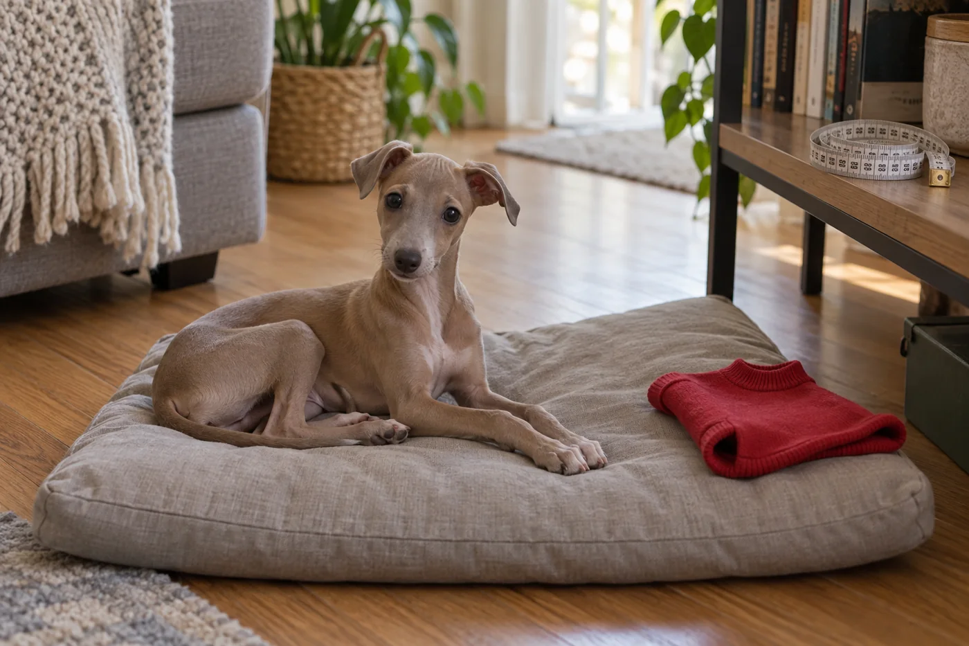Italian Greyhound puppy on a cushion beside a small red sweater
