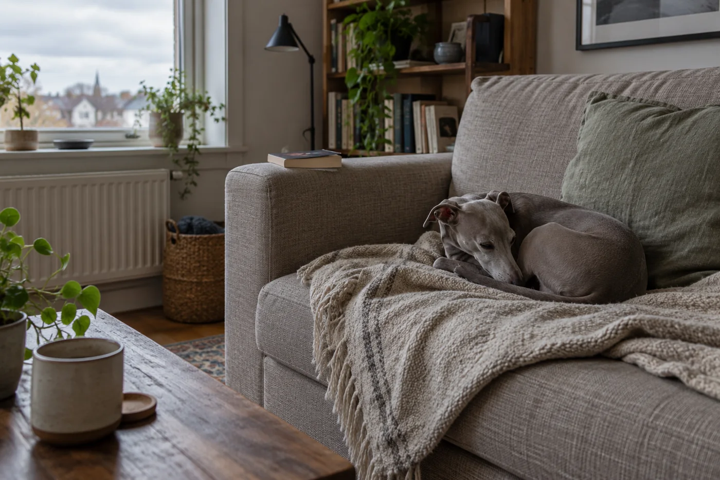 Grey Italian Greyhound curled in a sofa corner
