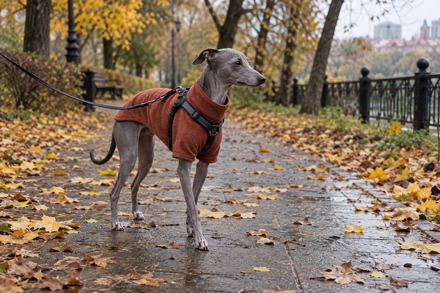 Grey Italian Greyhound in a rust sweater on an autumn path