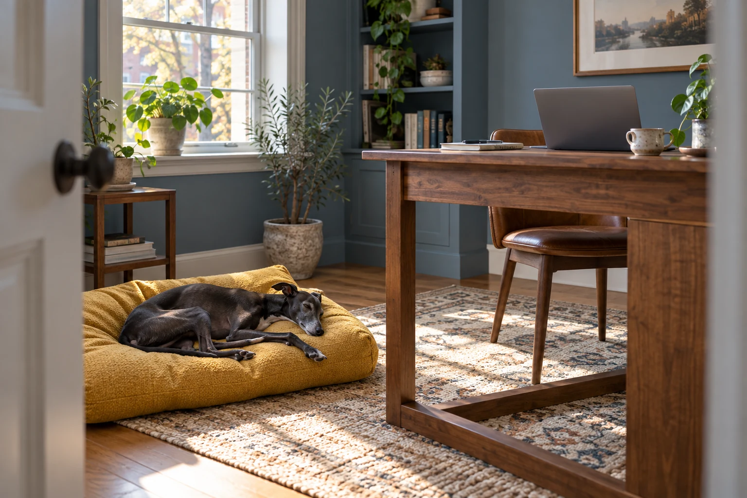 Black Italian Greyhound sleeping on a yellow cushion beside a home-office desk