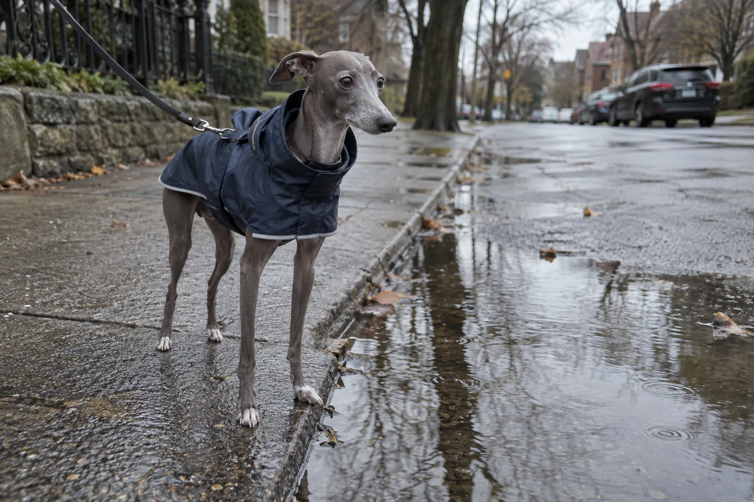 Italian Greyhound in a blue raincoat on a wet street