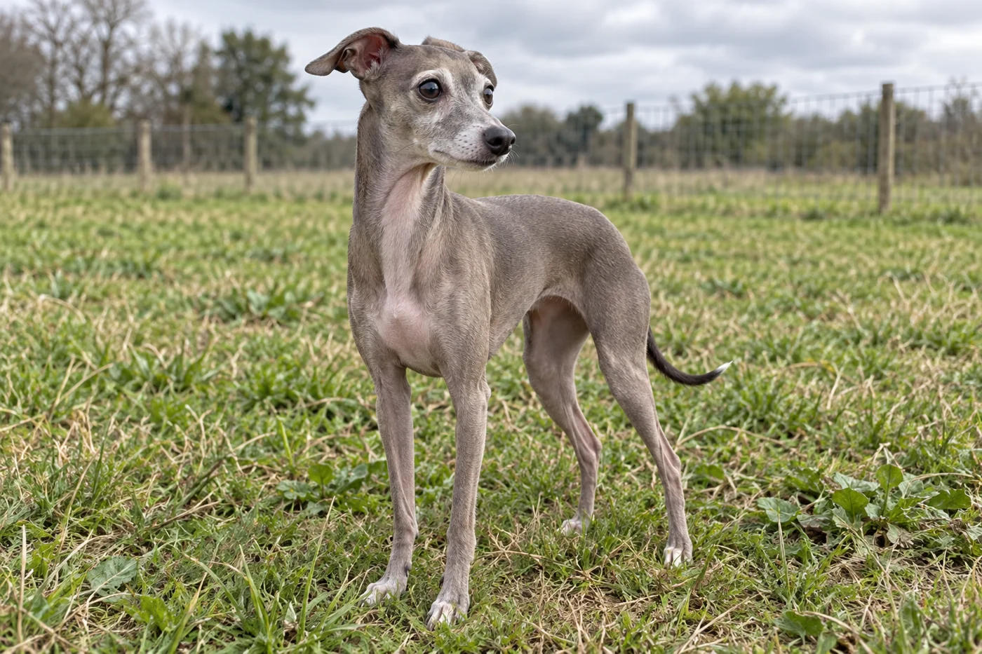 Italian Greyhound running across grass
