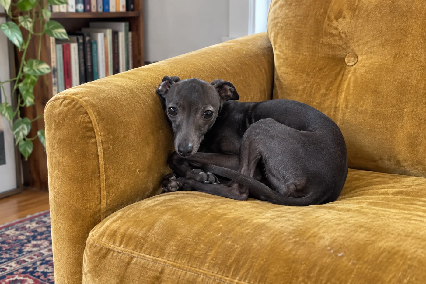Italian Greyhound curled up on a yellow armchair