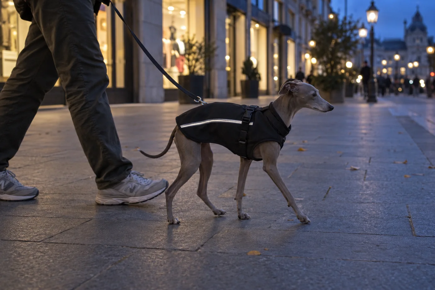 Italian Greyhound on a lead with a reflective strip at dusk